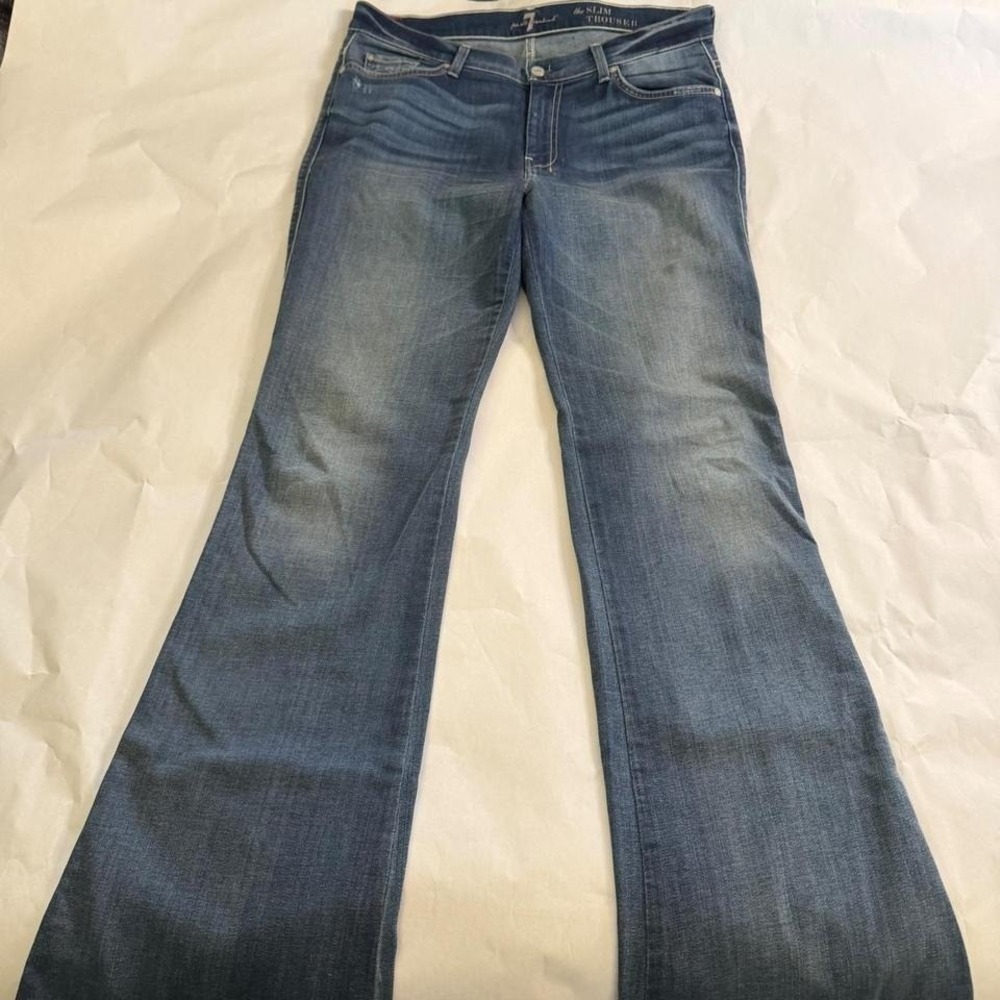 7 For All Mankind Slim Trouser Mid Rise Flare Wide Leg Jeans Whiskering‎ Y2K 32